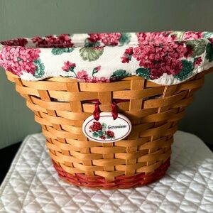 Longaberger 2002 Geranium Basket with tie on, cloth liner and plastic protector.